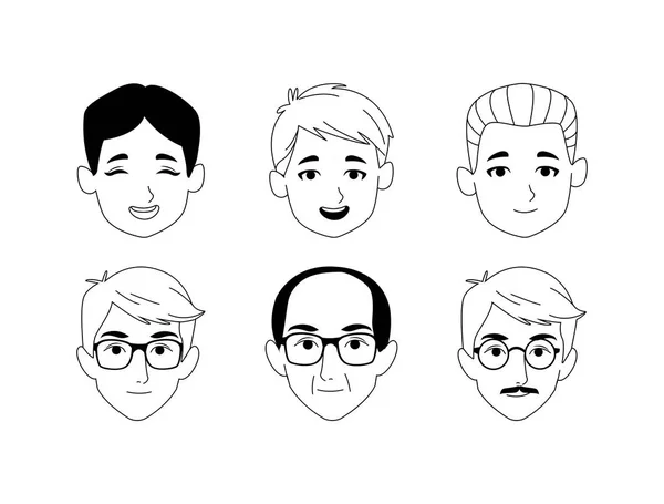 Icoon set van cartoon mannen gezichten van verschillende leeftijden, plat ontwerp — Stockvector