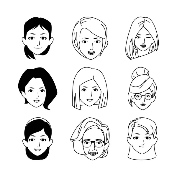 Icono conjunto de caras de las mujeres, diseño plano — Vector de stock