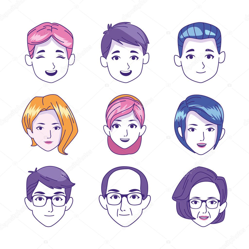 icon set of kids women and old people faces, colorful design