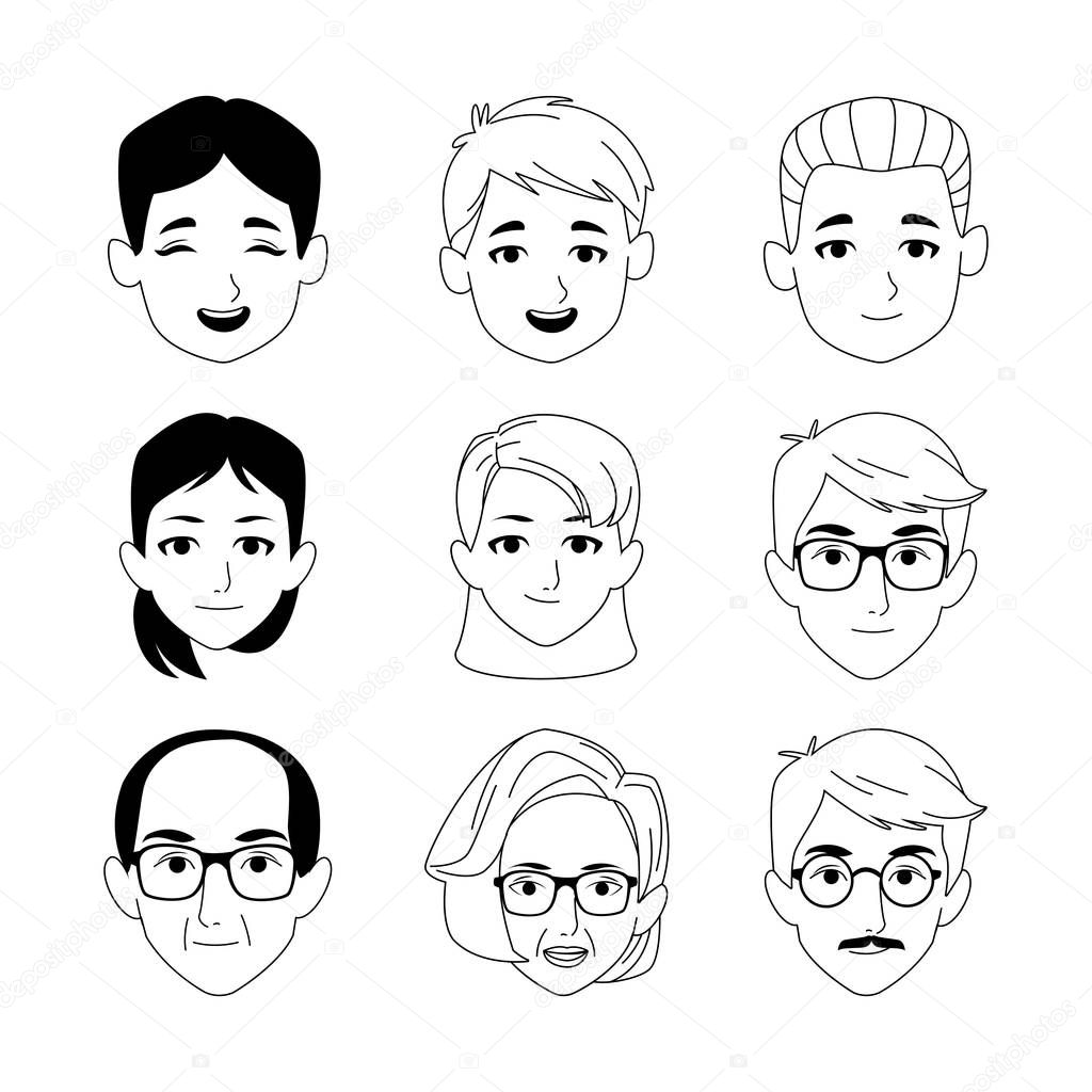 icon set of kids women and old people faces, flat design