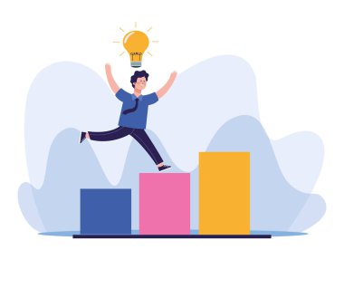 Grafik üzerinde ampul olan adam, renkli tasarım.