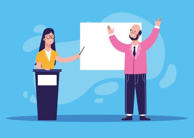 Tribune 'deki karikatür kadını ve heyecanlı iş adamı