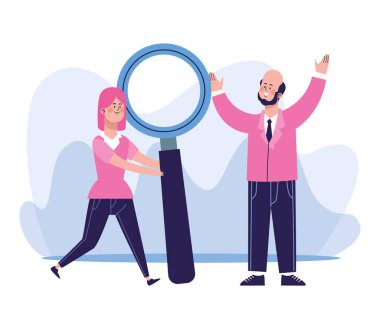 Büyük büyüteçle ve iş adamıyla renkli tasarımı olan çizgi film kadını.