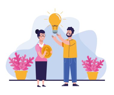 Elinde para olan bir karikatür kadını ve büyük ampullü, renkli tasarımı olan bir adam.