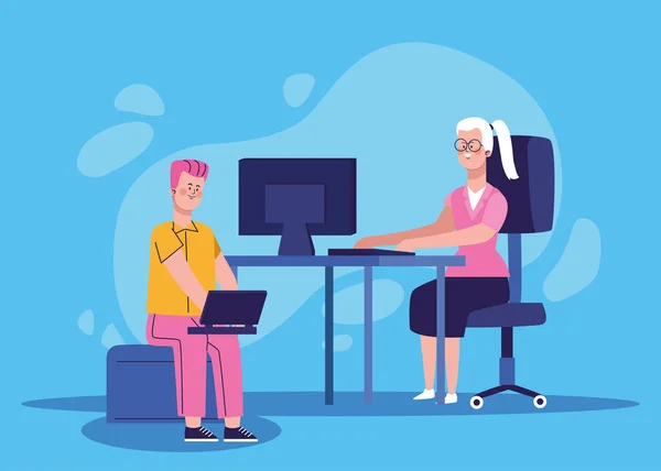 Człowiek z kreskówek za pomocą laptopa i kobieta na biurku z komputerem — Wektor stockowy