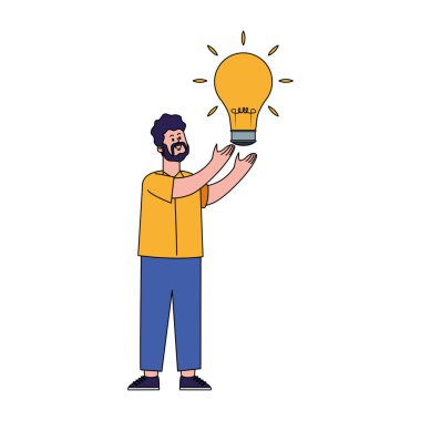 Karikatürist elinde bir ampul simgesi tutuyor, renkli tasarım.