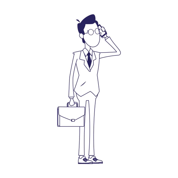 Uomo d'affari cartone animato in piedi utilizzando un cellulare, design piatto — Vettoriale Stock