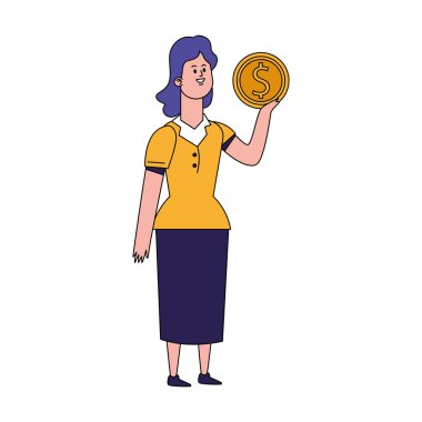 Para para simgesi olan çizgi film kadını, düz tasarım.