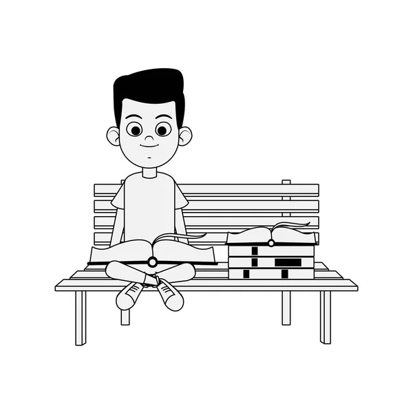 Niño sentado en el banco con libros — Vector de stock