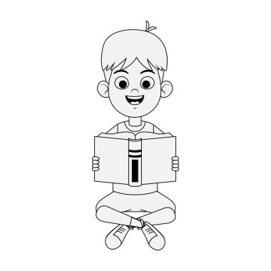 Mutlu çocuk oturmuş kitap okuyor.