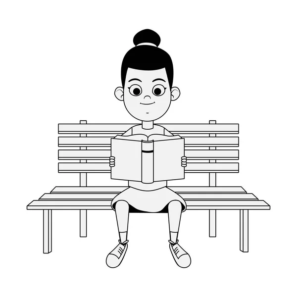 Rajzfilm aranyos lány olvasás egy könyvet ül egy padon — Stock Vector