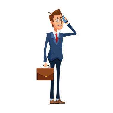 Çizgi film işadamı renkli bir cep telefonu kullanıyor.