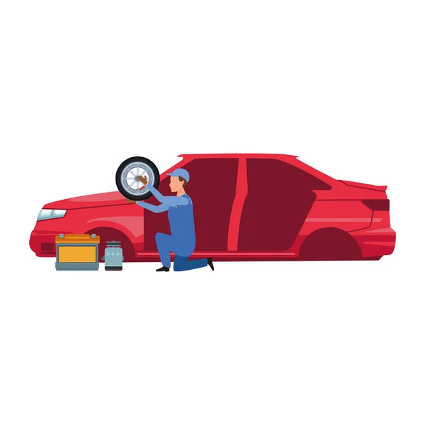 Bil kropp och mekaniker håller ett däck, färgglada design — Stock vektor