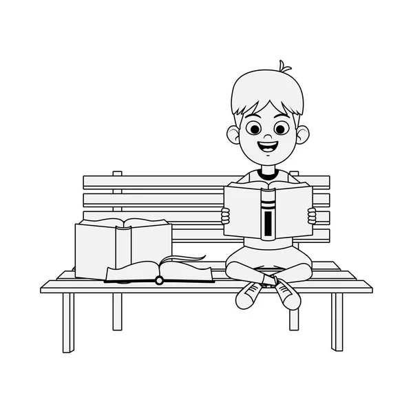 Boldog fiú ül a padon könyvekkel — Stock Vector