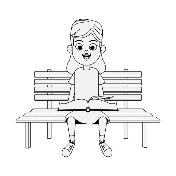 Boldog lány könyvekkel ül egy fa padon — Stock Vector