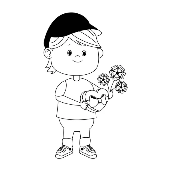 Menino dos desenhos animados com flores e caixa de coração de chocolate, design plano — Vetor de Stock