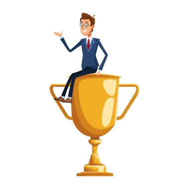 Çizgi film işadamı büyük bir ödülün üzerinde oturuyor, renkli tasarım.