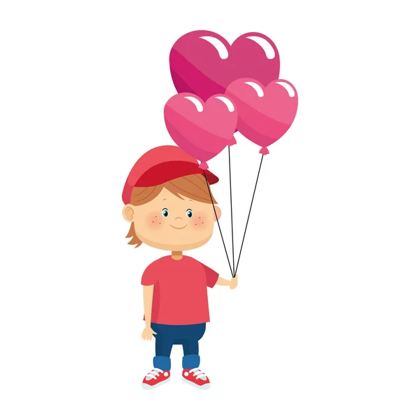 Dibujos animados chico con corazones globos, diseño colorido — Vector de stock