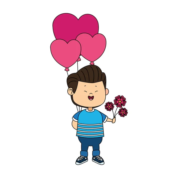 Tecknad pojke med hjärta ballonger och vackra blommor — Stock vektor