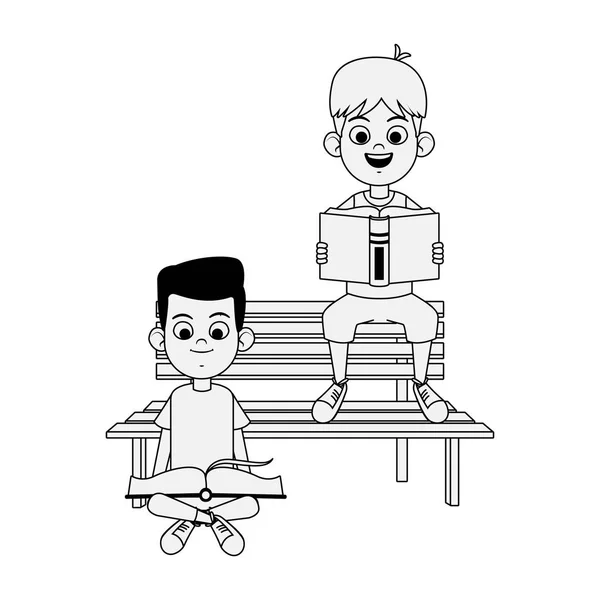Desenhos animados meninos lendo livros sentados no parque de banco, design plano —  Vetores de Stock