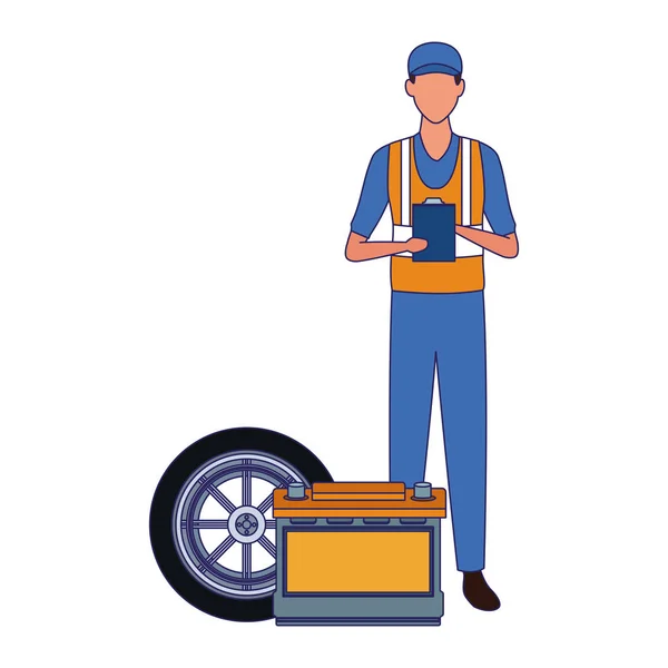 Mechanik stojący z baterią i oponą samochodową — Wektor stockowy