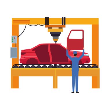 Yükseltilmiş arabası olan makine ve araba kapısı olan tamirci.