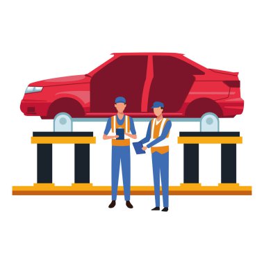 Araba tamircileri, araba kaldırma, renkli tasarım.