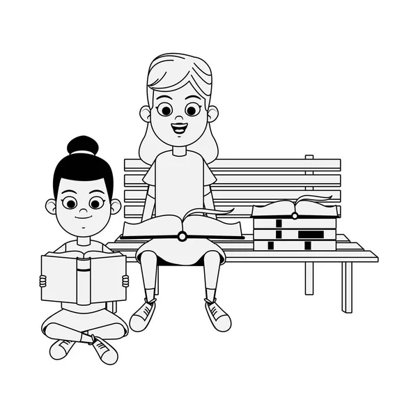 Niñas felices leyendo libros sentados en un icono de banco, diseño plano — Vector de stock