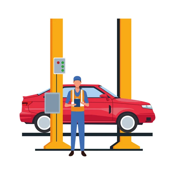 Bil reparation design av mekaniker med bil på bil hiss ikon, färgglad design — Stock vektor