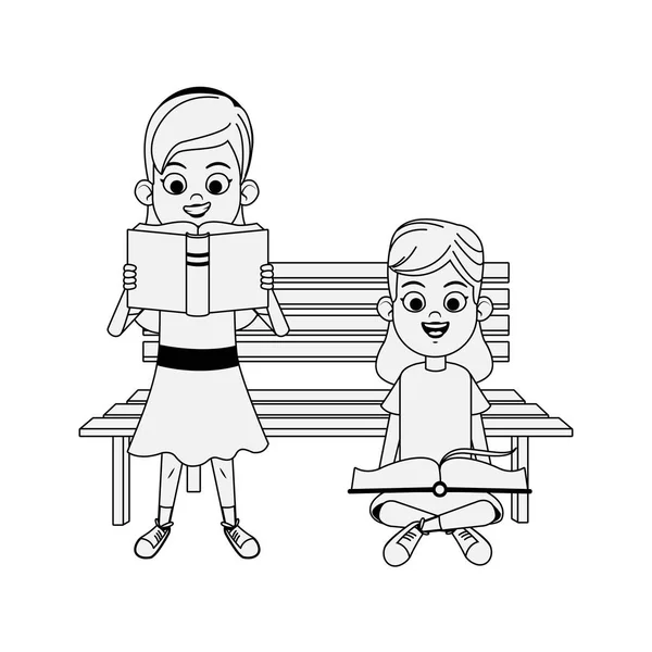 Dibujos animados niñas leyendo libros y banco del parque — Vector de stock