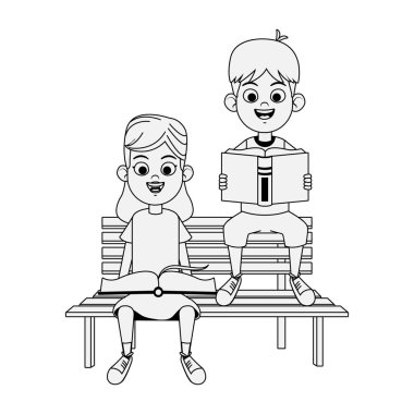 Kız ve oğlanın kitap okuduğu park bankında.