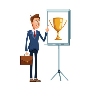 karikatür işadamı elinde kupa simgesiyle sunum tahtasını gösteriyor.