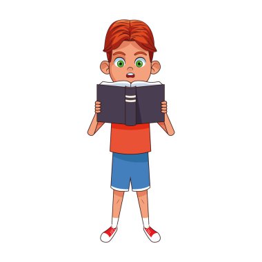 çizgi film mutlu çocuk ayakta ve renkli bir tasarım bir kitap okuyor