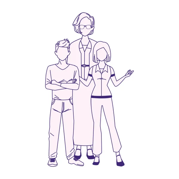 Cartoon old woman with teenager boy and girl standing — Stock Vector