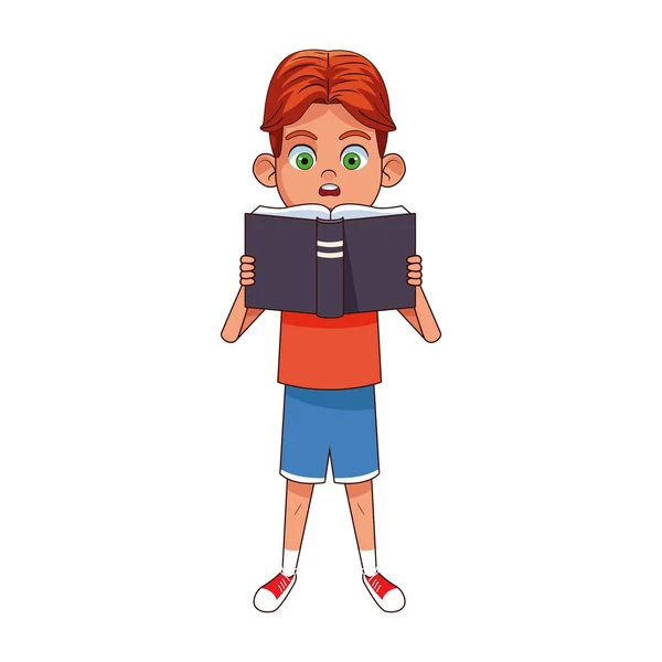 Мультфильм счастливый мальчик стоя и читая книгу, красочный дизайн — стоковый вектор