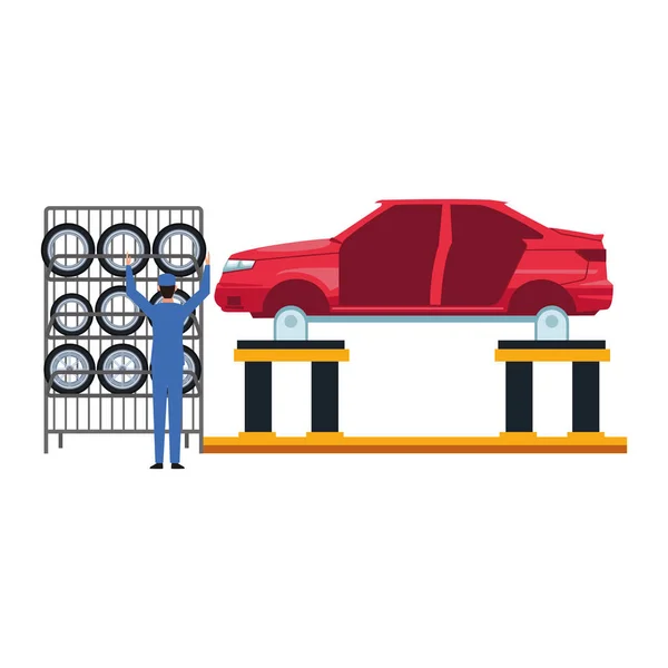 Mekaniker på rack av däck och lyft med kaross bil, färgglad design — Stock vektor