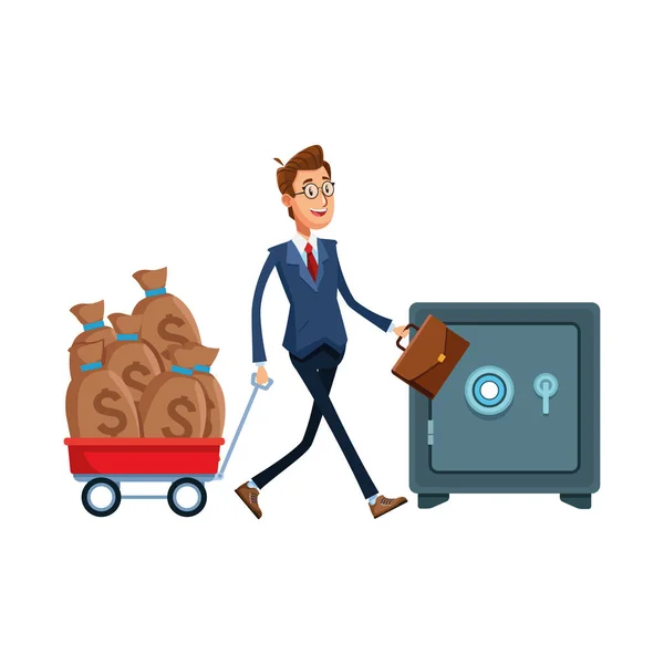 Skladový box a karikatura obchodník s vozíkem s taškami na peníze — Stockový vektor