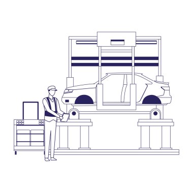 Makinede araba kaldıran bir tamirci, düz tasarım.