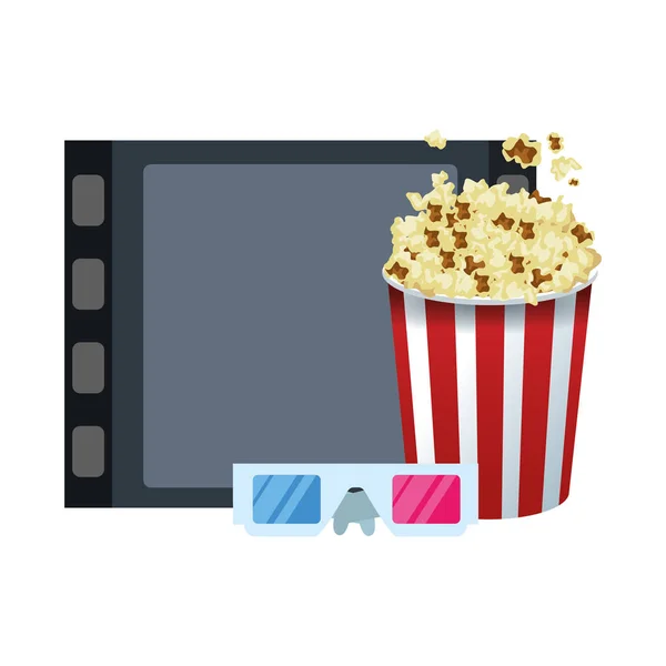 Film haspel stuk met popcorn en 3d bril, kleurrijk ontwerp — Stockvector