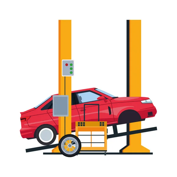 Lyft bil på maskin och verktyg vagn, färgglad design — Stock vektor