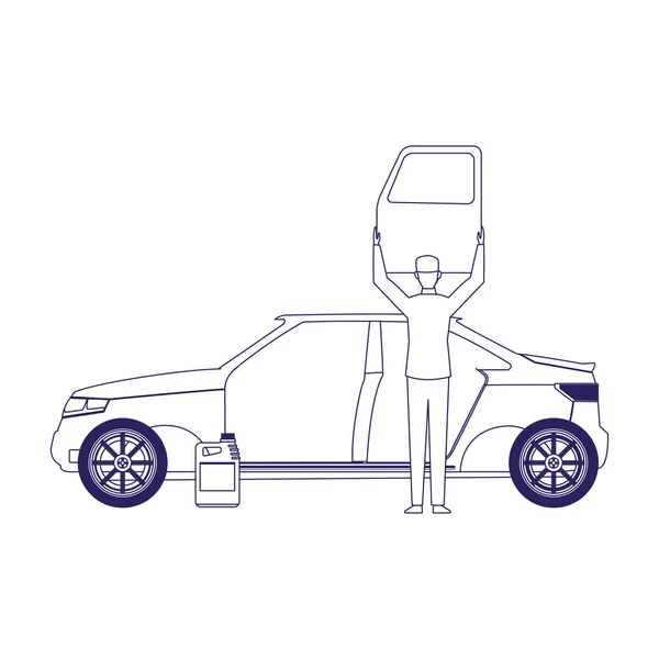 Bil mekaniker hålla upp en dörr framför karossen bil, platt design — Stock vektor