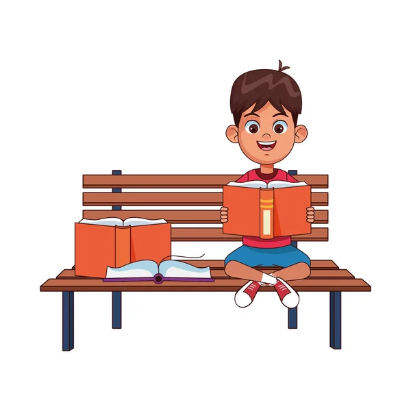 Счастливый мальчик, сидящий на скамейке с книгами, красочный дизайн — стоковый вектор