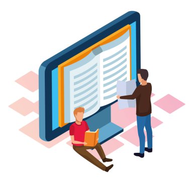 Ekranda kitabı olan bilgisayar ve etrafta okuyan erkekler, renkli tasarım