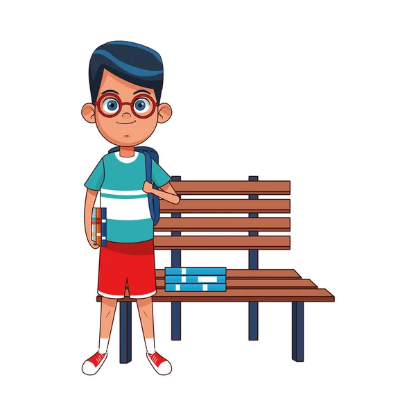 Pojke står bredvid park banch, färgglad design — Stock vektor
