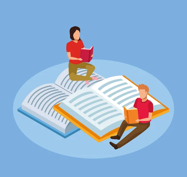 Cartoon woman and man reading books sitting on big books — Stock Vector