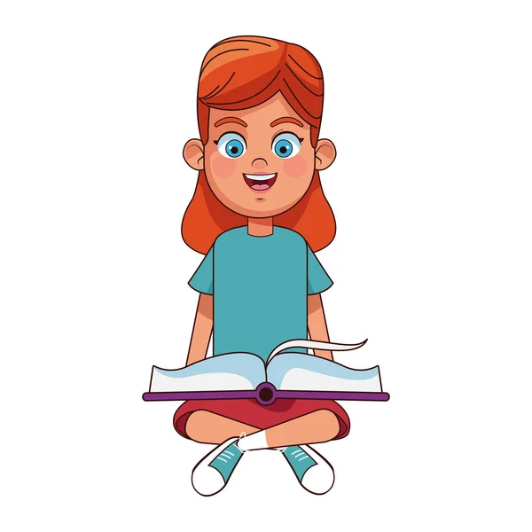 Счастливая девушка, читающая книгу сидя, красочный дизайн — стоковый вектор