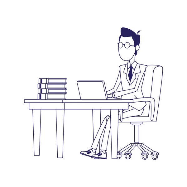 Cartoon-Unternehmer am Schreibtisch mit Laptop und Büchern — Stockvektor