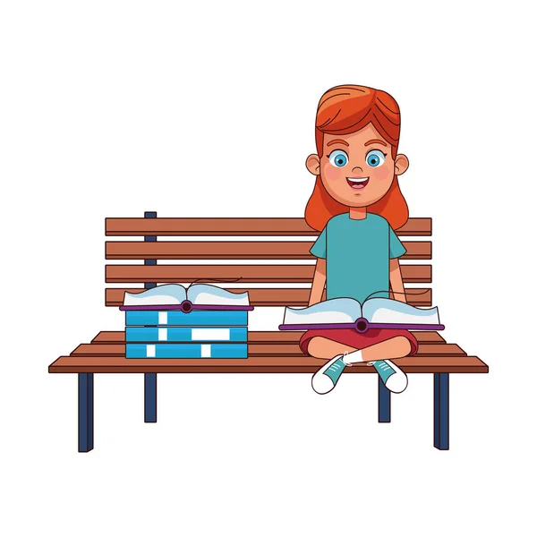 Fată fericită cu cărți așezate pe o bancă de lemn — Vector de stoc
