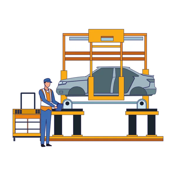 Mecánico levantar un coche en el icono de la máquina, diseño plano — Vector de stock