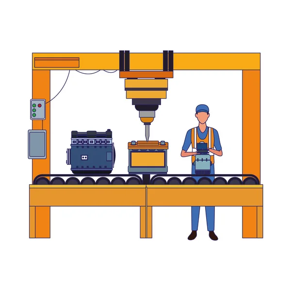 Mecânico trabalhando em uma máquina com bateria e motor, design colorido —  Vetores de Stock